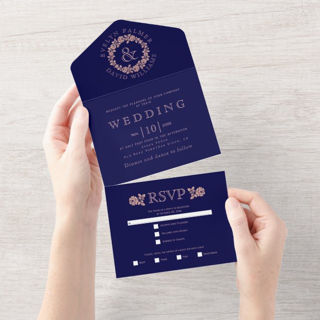  Rose gold glitter wreath on navy blue wedding     All In One Invitation (Tearaway)