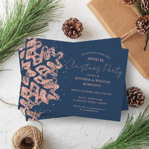 Rose Gold Glitter Xmas Snowflake Holiday Navy  Invitation