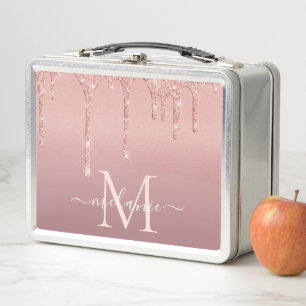 Rose Gold Glitter Your Name Letter Metal Lunch Box