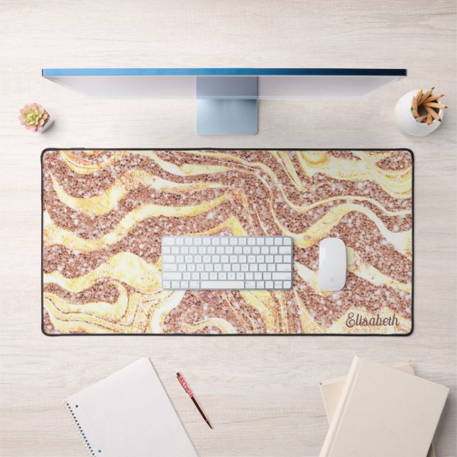   Rose Gold Glitter Zebra Add Name Monogram Luxury Desk Mat (Office 1)