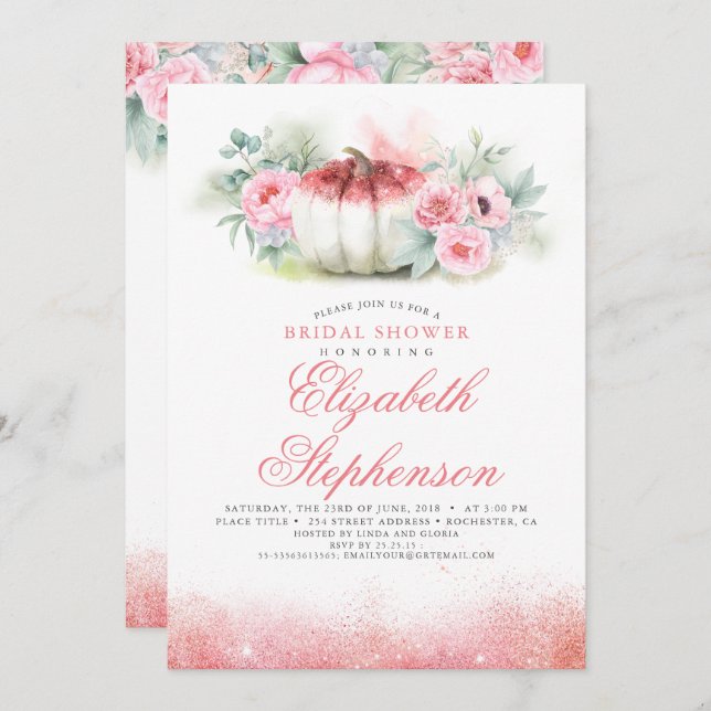 Rose Gold Glitters Pumpkin Fall Bridal Shower Invitation (Front/Back)