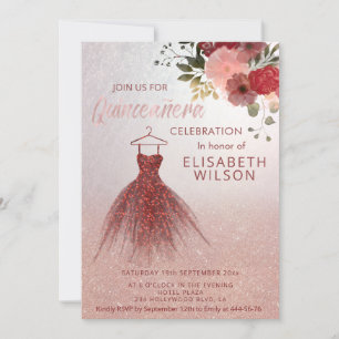 Rose gold glittery burgundy dress Quinceañera  Invitation