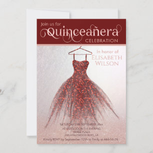 Rose gold glittery burgundy dress Quinceañera  Invitation