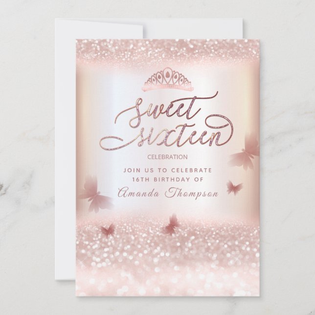 Rose gold glittery butterfly tiara calligraphy  in invitation (Front)