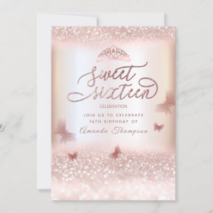 Rose gold glittery butterfly tiara calligraphy  in invitation