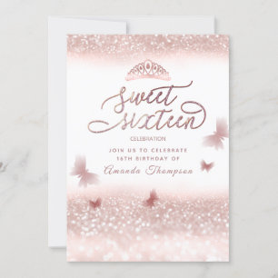 Rose gold glittery butterfly tiara calligraphy  invitation
