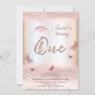 Rose gold glittery butterfly tiara calligraphy invitation