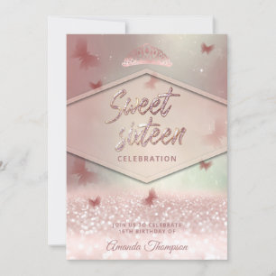 Rose gold glittery butterfly tiara calligraphy  invitation