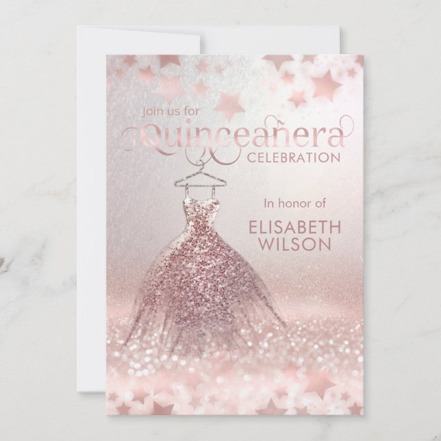 Rose gold glittery dress stars Quinceañera  Invita Invitation (Front)