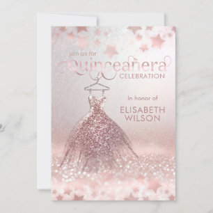 Rose gold glittery dress stars Quinceañera  Invita Invitation