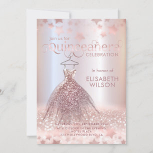 Rose gold glittery dress stars Quinceañera  Invitation