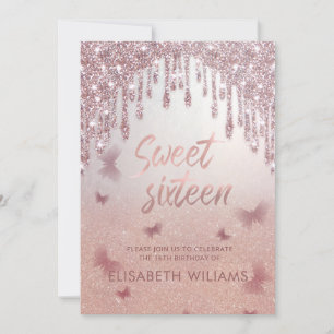Rose gold glittery drips ombre butterfly invitation