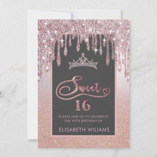 Rose gold glittery drips ombre tiara invitation (Front)