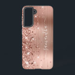 Rose Gold Glittery Foil Girly Signature Samsung Galaxy Case<br><div class="desc">Girly faux sparkly rose gold glitter highlights on the left edge, over a faux blush and rose gold ombre brushed metal foil. The modern girly signature features an elegant white calligraphy font with decorative tails in a vertical format. Customise the font styles or move the sparkle graphics to create your...</div>