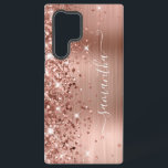 Rose Gold Glittery Foil Girly Signature Samsung Galaxy Case<br><div class="desc">Girly faux sparkly rose gold glitter highlights on the left edge, over a faux blush and rose gold ombre brushed metal foil. The modern girly signature features an elegant white calligraphy font with decorative tails in a vertical format. Customise the font styles or move the sparkle graphics to create your...</div>