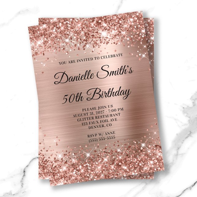 Rose Gold Glittery Foil Monogram 50th Birthday Invitation (Rose Gold Glittery Foil Monogram 50th Birthday Invitation 5x7)