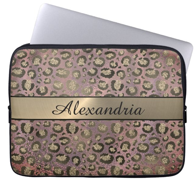 Rose Gold Glittery Leopard  Personalized Laptop Sleeve (Front)