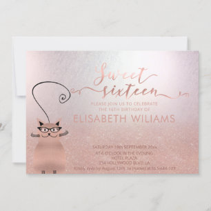 Rose gold glittery ombre calligraphy funny cat invitation