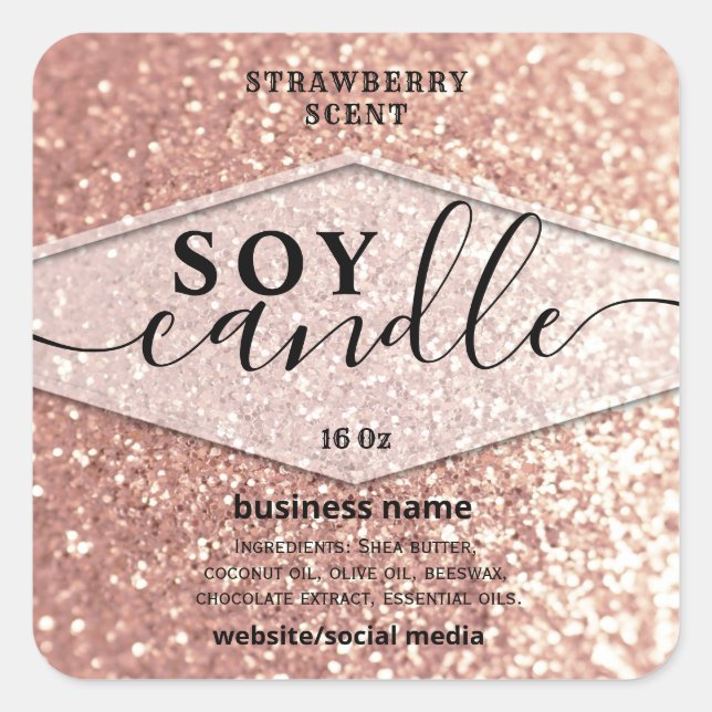 Rose gold glittery script soy candle label (Front)