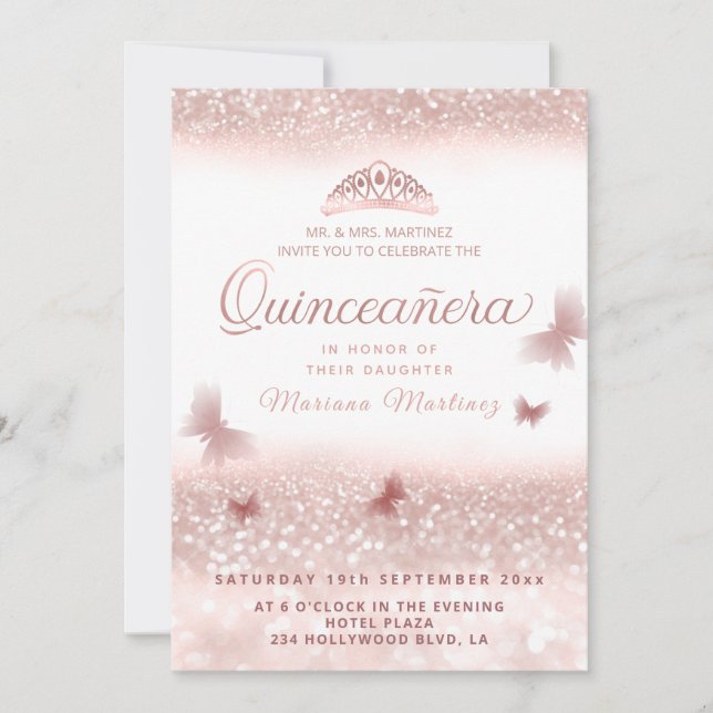 Rose gold glittery tiara calligraphy Quinceañera I Invitation (Front)