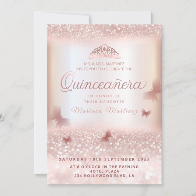 Rose gold glittery tiara calligraphy Quinceañera  Invitation (Front)