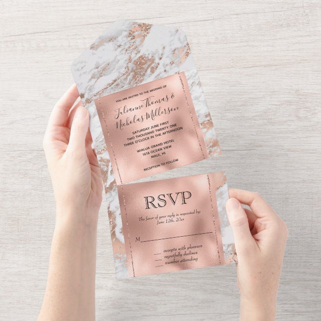 Rose Gold Glitz White Marble All In One Invitation (Tearaway)