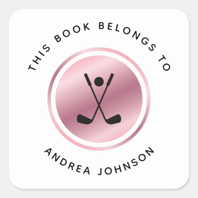 Rose Gold Golf Girl Golfer Bookplate Pink Sporty Square Sticker (Front)