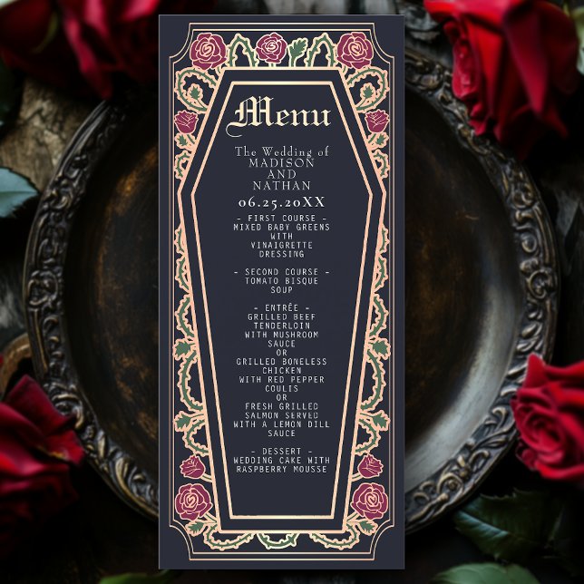 Rose Gold Gothic Coffin Rose Blue Wedding Menu (Creator Uploaded)