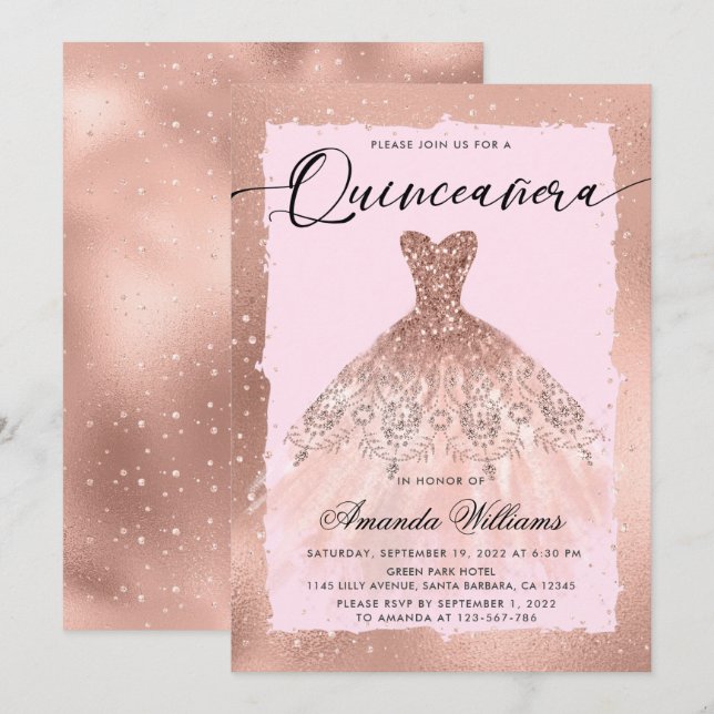 Rose Gold Gown Quinceañera  Invitation (Front/Back)