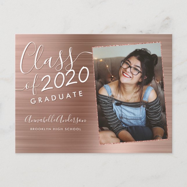 Rose Gold Graduate Brushed Metal Photo Graduation Announcement Postcard (Front)