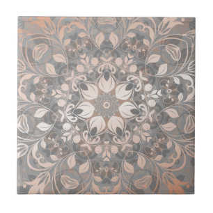Rose Gold Gray Floral Mandala Ceramic Tile