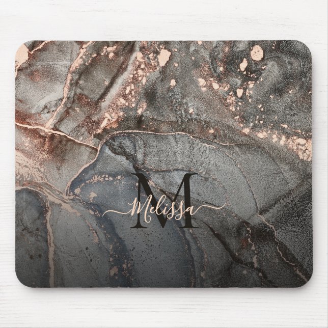 Rose Gold Gray Ink Marble Monogram  Mouse Pad (Front)
