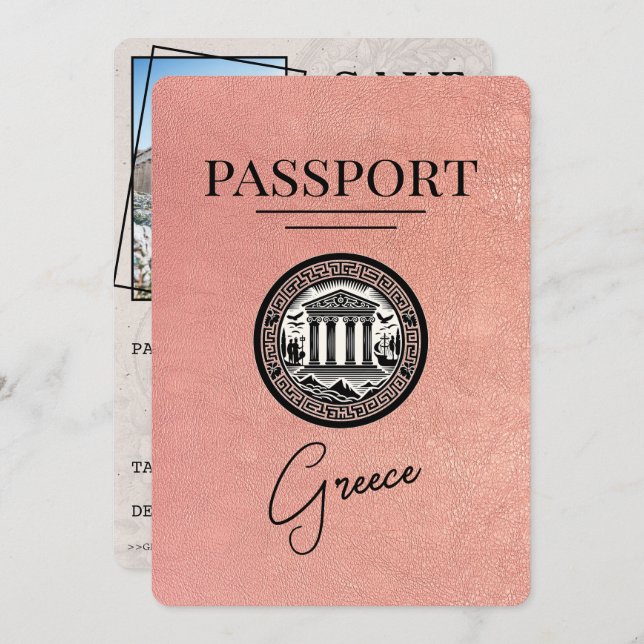 Rose Gold Greece Passport Save the Date Card (Front/Back)