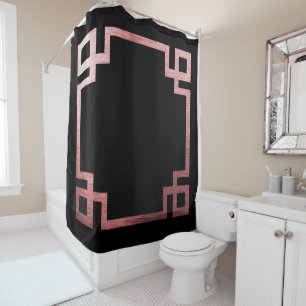 Rose Gold Greek Key Print on Black Shower Curtain