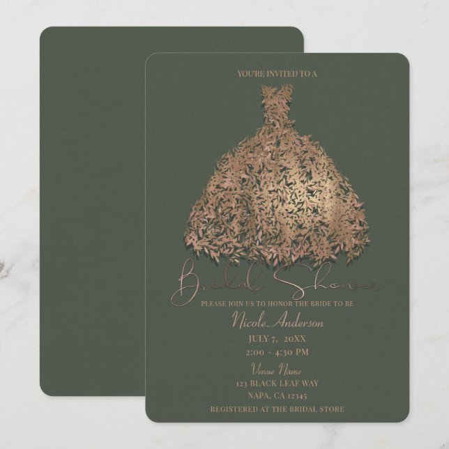 Rose Gold Green Botanical Dress Bridal Shower Invitation (Front/Back)