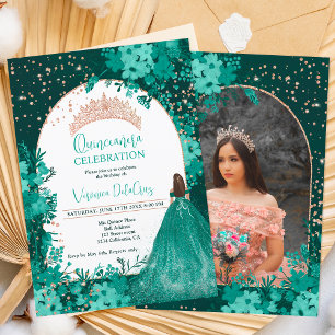 Rose gold green floral tiara princess Quinceanera Invitation