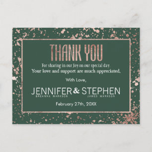 Rose Gold Green Paint Splatters Thank You Postcard