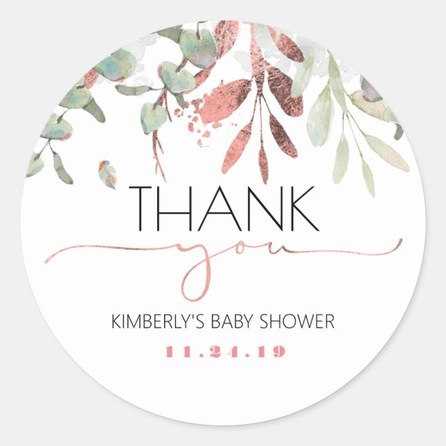 Rose Gold Greenery Baby Shower Classic Round Sticker (Front)