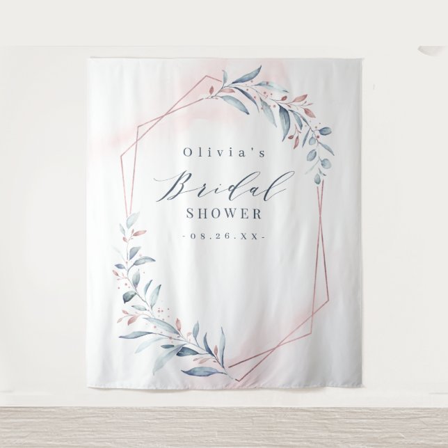 Rose Gold Greenery Bridal Shower Photo Backdrop Tapestry (Front)