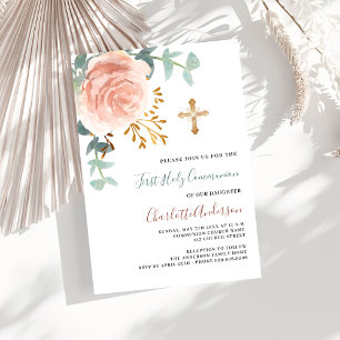 Rose gold greenery cross first holy communion invitation