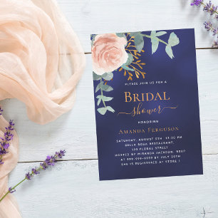 Rose gold greenery navy blue Bridal Shower Invitation