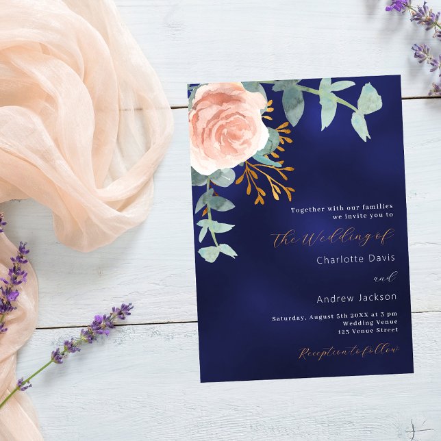 Rose gold greenery navy blue wedding invitation (Creator Uploaded)