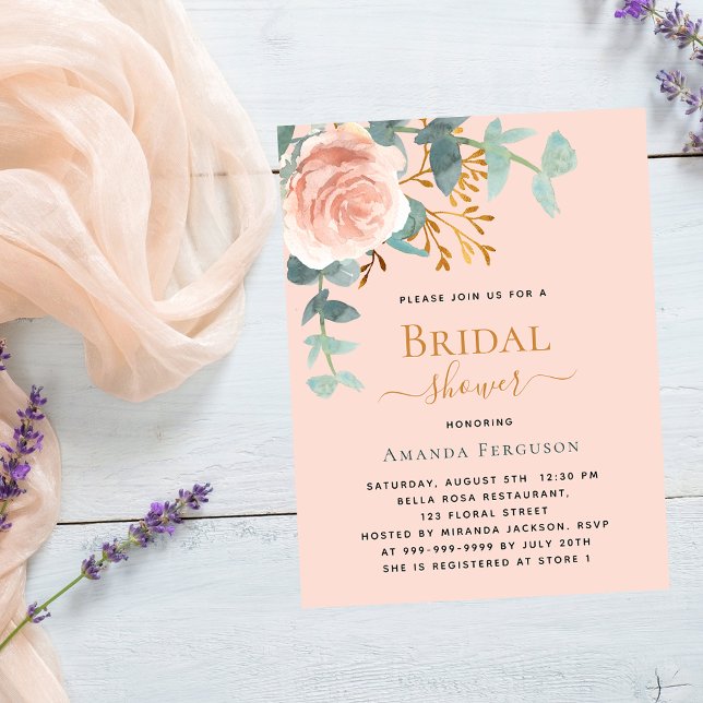 Rose gold greenery peach Bridal Shower Invitation Postcard (Creator Uploaded)