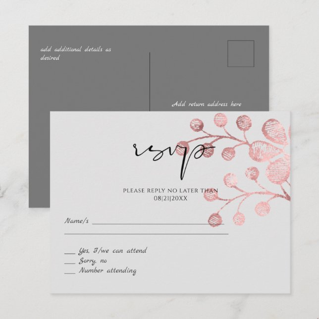 Rose Gold Grey Botanical Wedding RSVP  Postcard (Front/Back)
