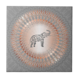Rose Gold Grey Elephant Mandala Ceramic Tile