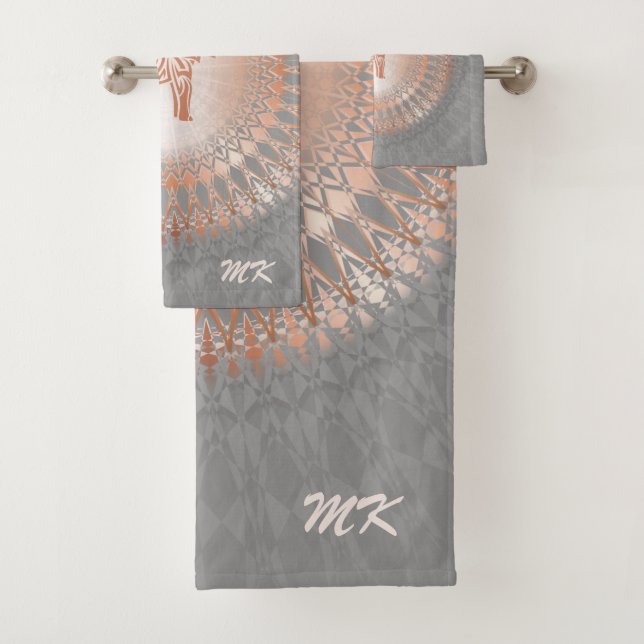 Rose Gold Grey Elephant Mandala Initials Bath Towel Set (Insitu)