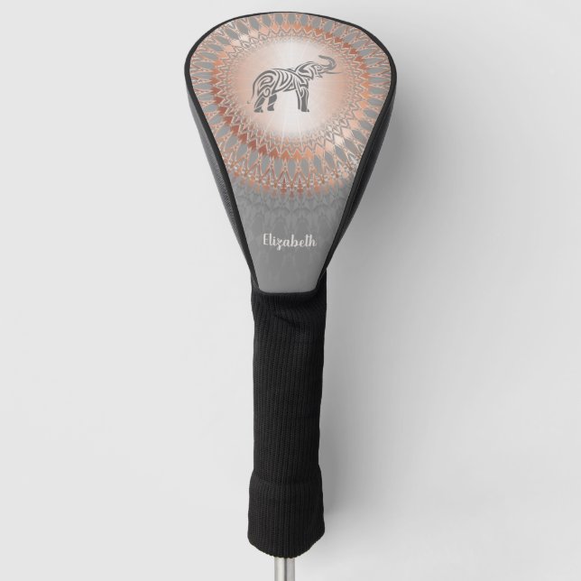 Rose Gold Grey Elephant Mandala Monogram Golf Head Cover (Front)