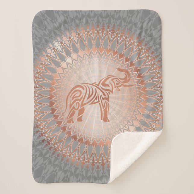 Rose Gold Grey Elephant Mandala Sherpa Blanket (Front)