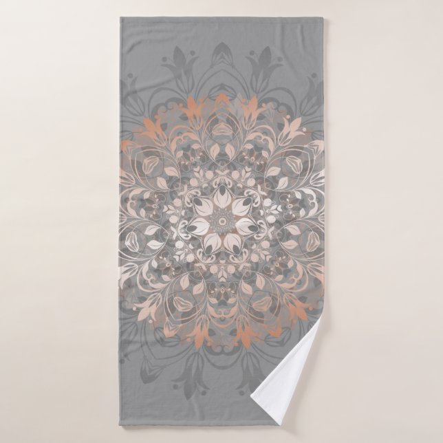 Rose Gold Grey Floral Mandala Bath Towel (Bath Towel)