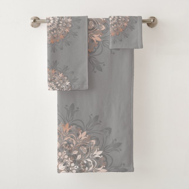 Rose Gold Grey Floral Mandala Bath Towel Set (Insitu)